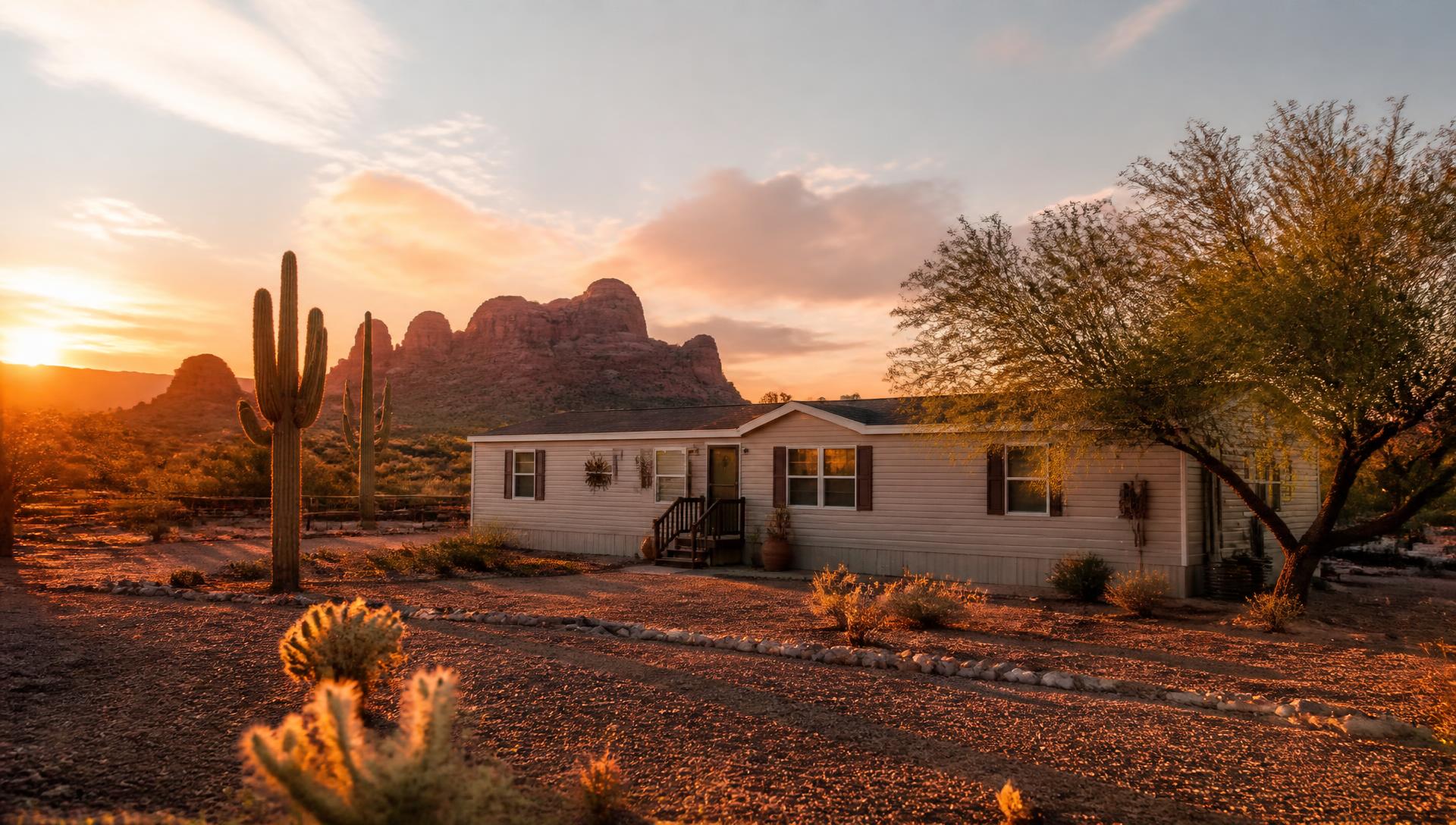 A well-kept mobile home on Southwest desert property at golden hour